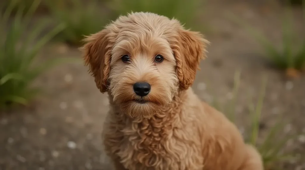 Mini Goldendoodle sitting outdoors with its back to the camera.