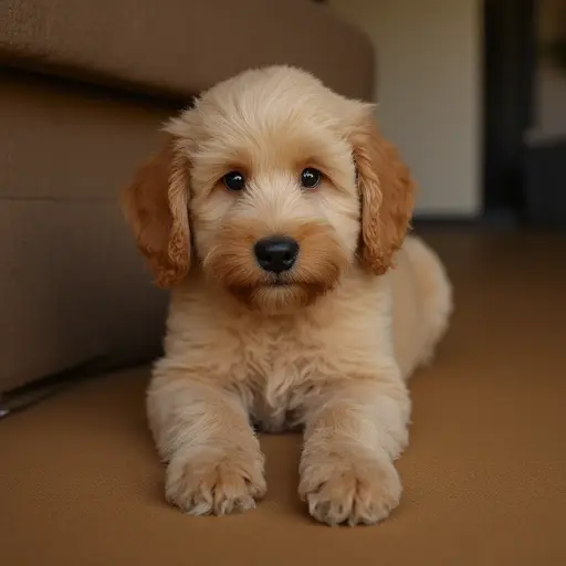 Mini Goldendoodle lying down on a tan floor with its head obscured.