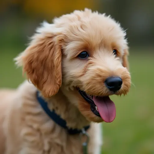 Mini Goldendoodle with a blue collar, tongue out, in a grassy field.