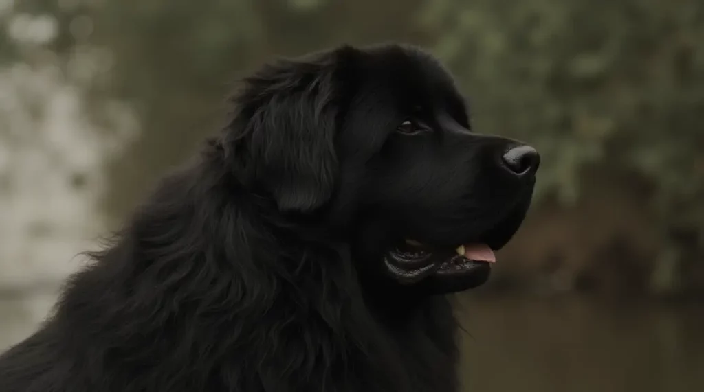 Newfoundland dog with shiny fur looking to the side with its tongue out.