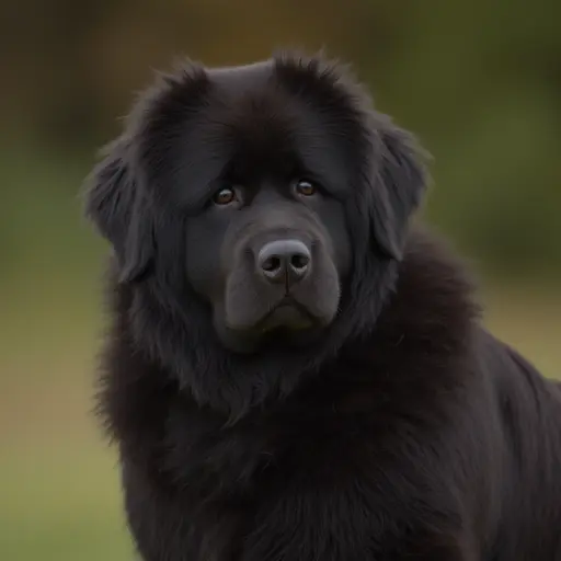 Newfoundland dog with a thoughtful expression, standing outdoors.