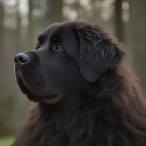 Newfoundland dog with soulful eyes against a blurred forest background.