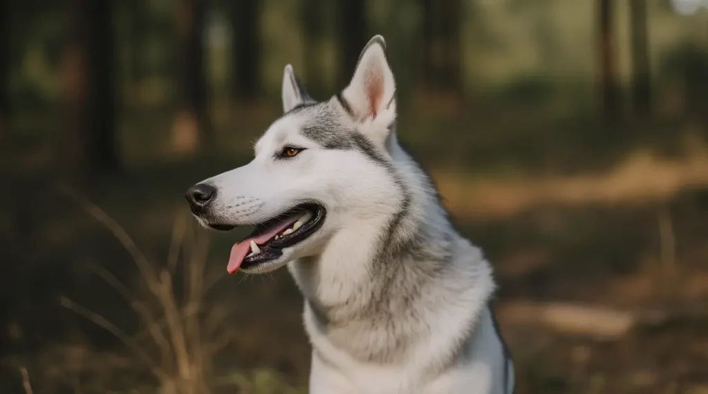 A Siberian Husky dog with a bright expression in a wooded area.