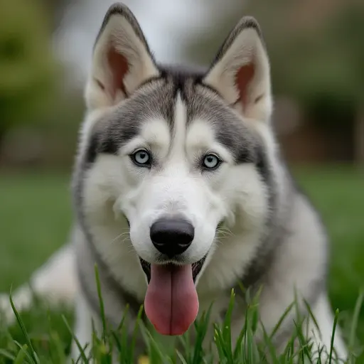 A husky dog's ears and forehead visible above a blurred rectangular area, lying on grass.