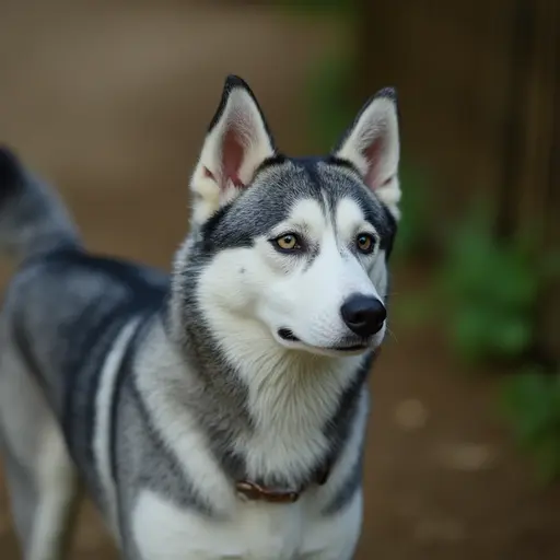 Close-up of a Siberian Husky with piercing blue eyes looking off to the side.