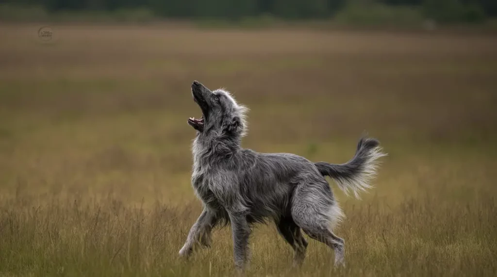 wolfhound training looking up in a grassy field.