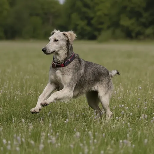 wolfhound running through a grassy field.