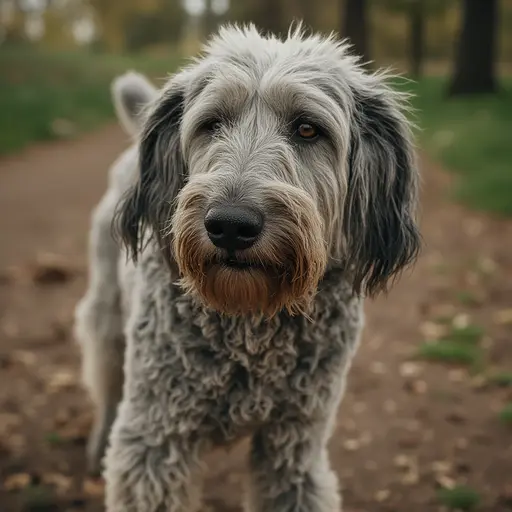 A curious wolfhound with a beard stands outdoors looking at the camera.