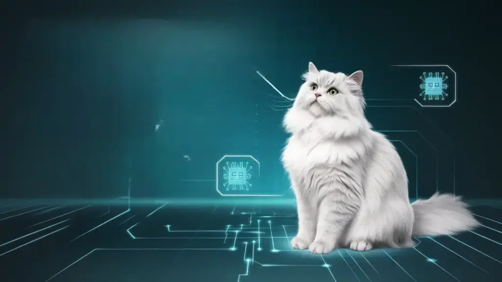 A fluffy white cat with bright eyes on a digital background with circuit patterns and icons.