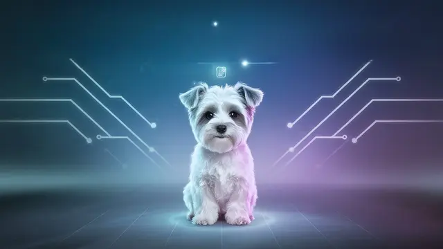 A fluffy white dog sitting in front of a digital circuit board pattern background.