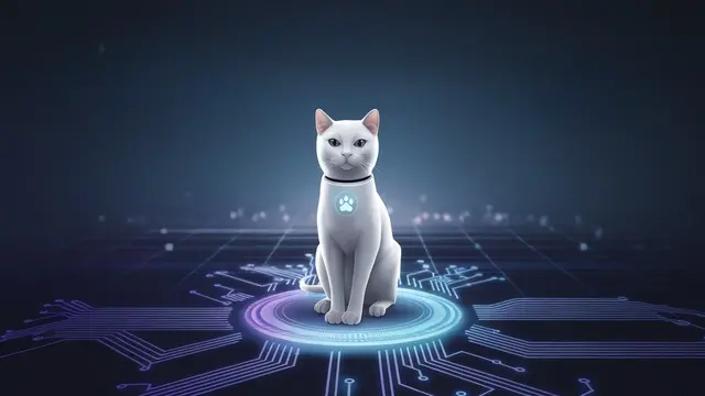 A white digital cat with a glowing emblem on a futuristic circuit background.