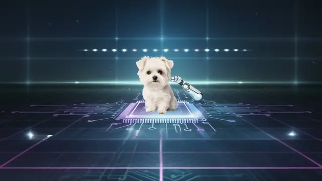 A small white dog sitting on a digital circuit board background with neon lights.