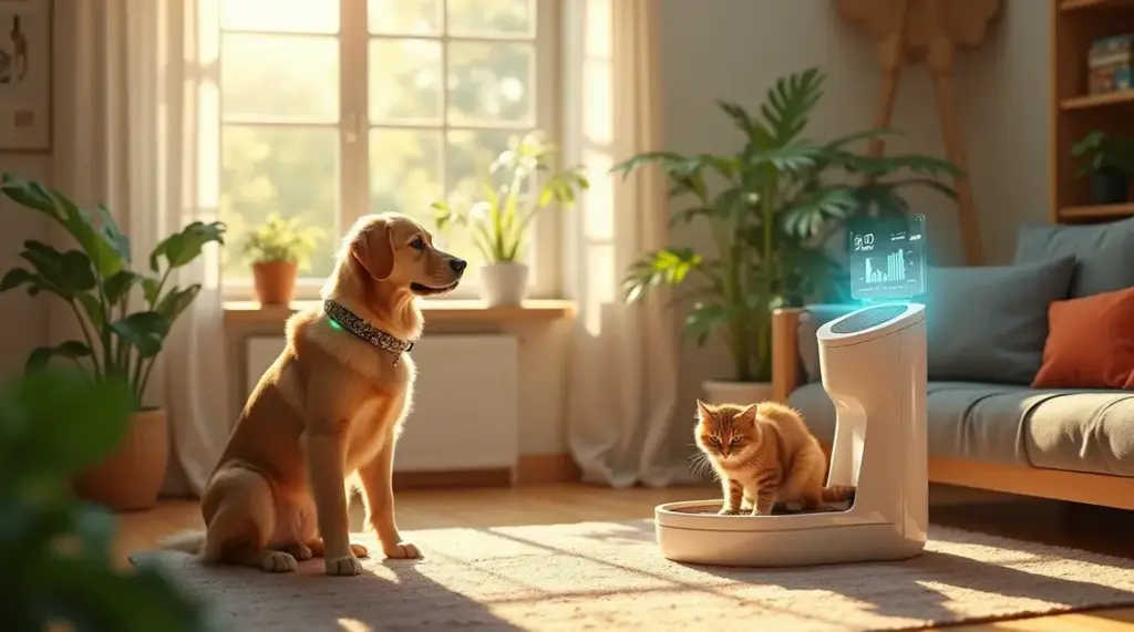 A dog and a cat near a futuristic pet food device in a sunny room.