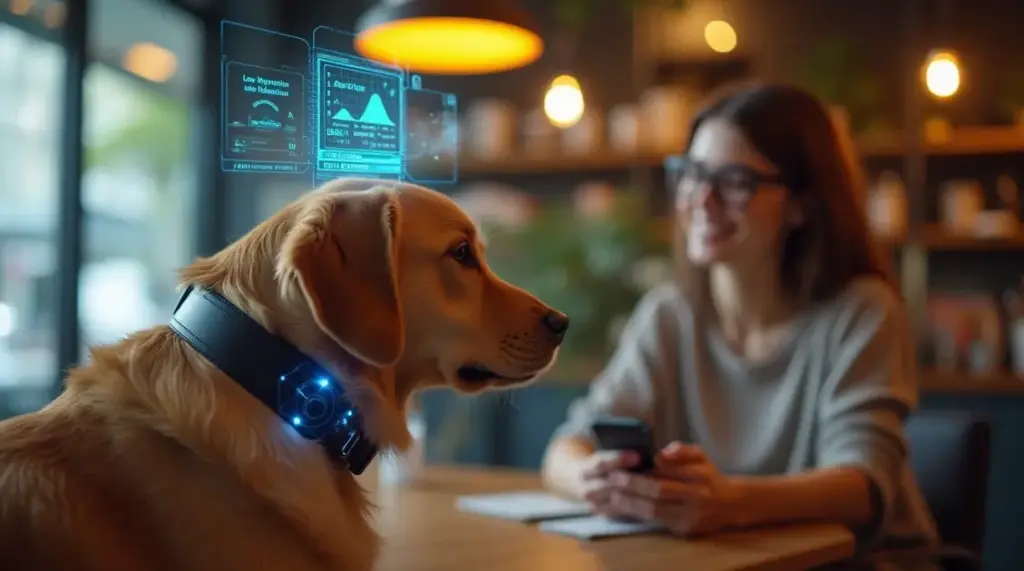 A dog with a futuristic collar next to a person at a cafe.