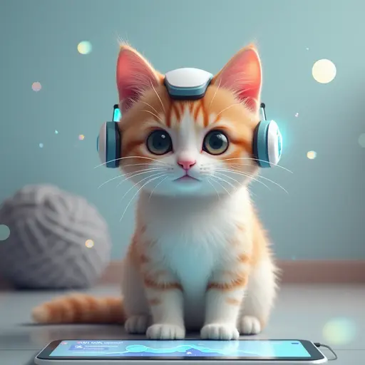 An orange and white kitten with headphones and a small hat, sitting in front of a smartphone.