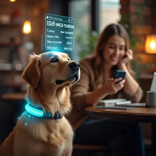 A dog with a glowing collar and a virtual health data display, sitting beside a person at a table.