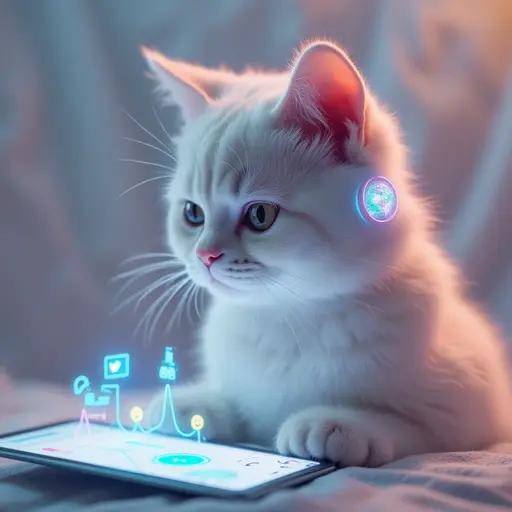 A fluffy cat with glowing eyes and holographic icons coming from a tablet.