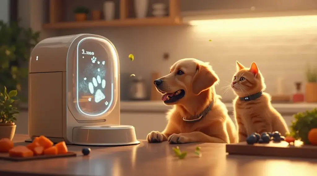 A dog and a cat are watching an AI food automatic feeder.