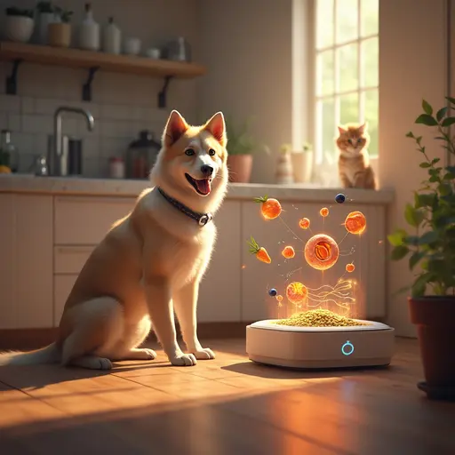 A smiling dog watches ai food automatic feeder while a cat observes from the counter.