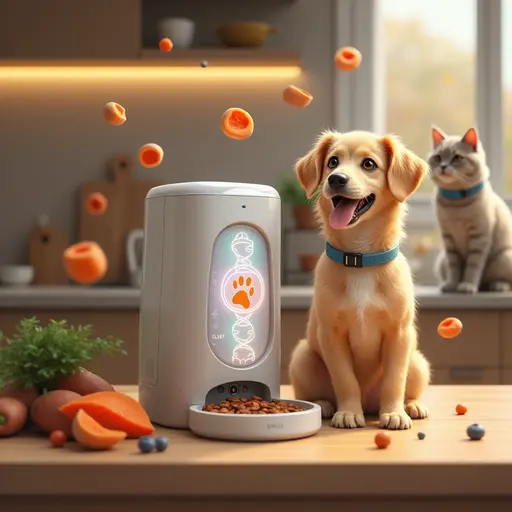 A puppy and a cat watch ai automatic pet feeder dispense food with floating carrots around.