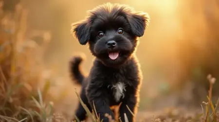 Affenpinscher with bright eyes and a joyful expression in a sunlit field.