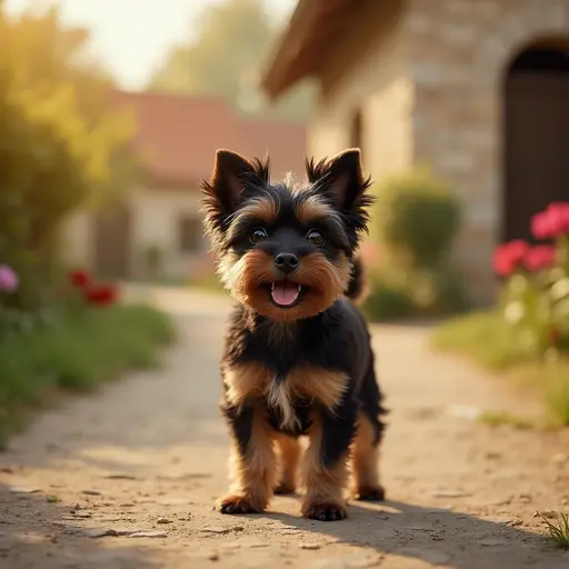 Affenpinscher standing on a path with soft focus background.