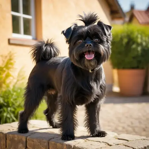 Affenpinscher with fluffy fur and a playful expression standing on a sunny patio.