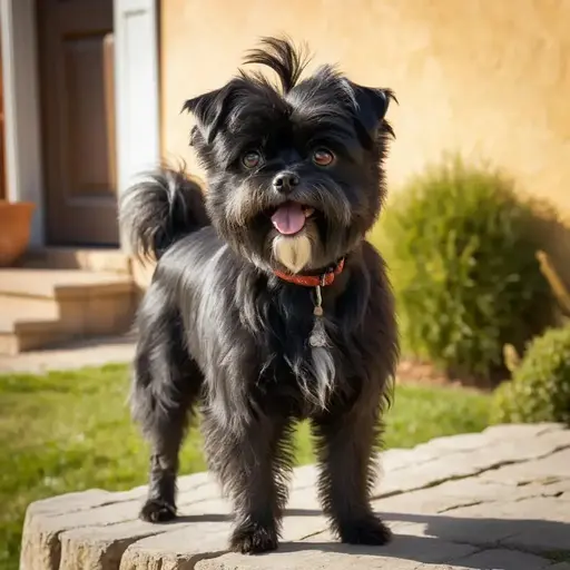 Affenpinscher with a fluffy coat and tongue out standing on a stone pathway outdoors.