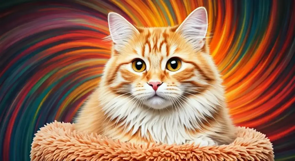 A fluffy orange tabby cat with wide eyes against a vibrant, swirled colorful background.