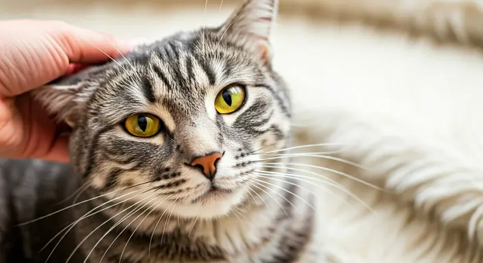 Close-up of a grey tabby cat with striking yellow eyes being petted on the head.