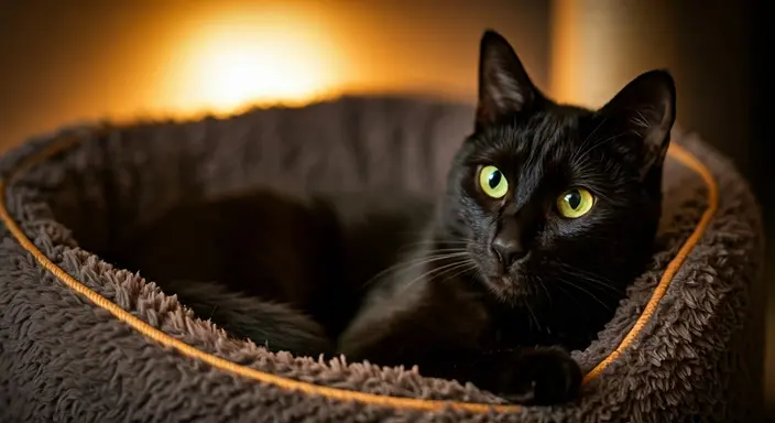 A black cat with bright eyes lying comfortably in a plush bed, warm light in the background.