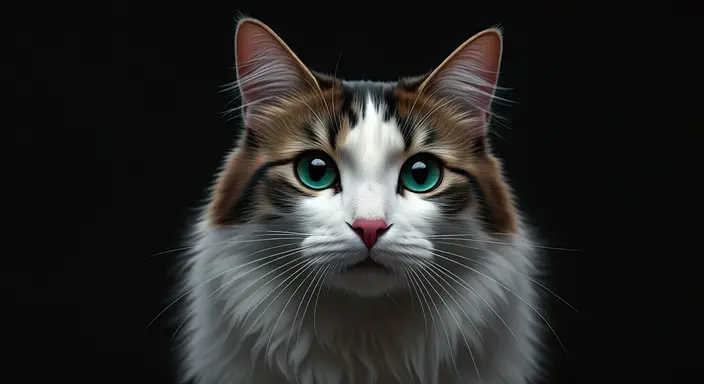 A close-up of a long-haired cat with striking green eyes against a dark background.