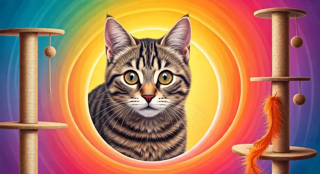 Tabby cat with large eyes, flanked by cat trees, against a vibrant rainbow swirl background.