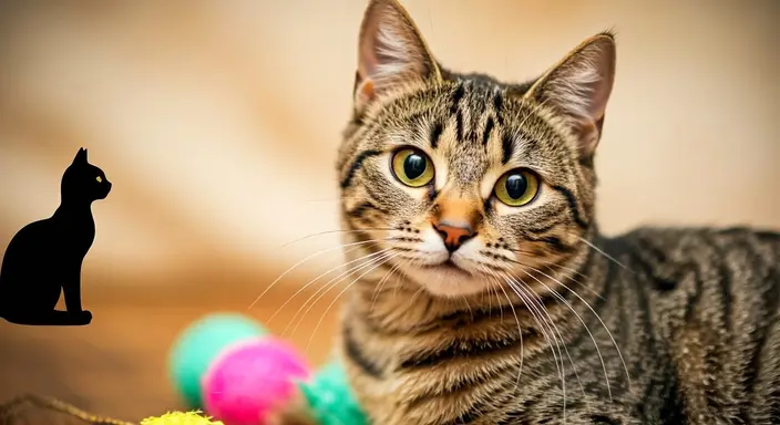 Tabby cat with striking eyes next to colorful toys, black cat silhouette in background.