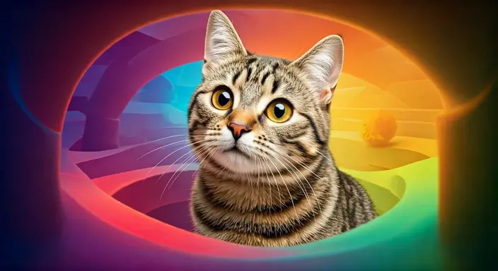 An attentive tabby cat with bright yellow eyes against a colorful spiral background.