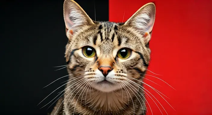 Tabby cat with striking green eyes in front of a half black, half red background.