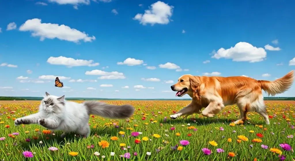 A dog and cat playfully chasing a butterfly in a colorful flower field under a blue sky.