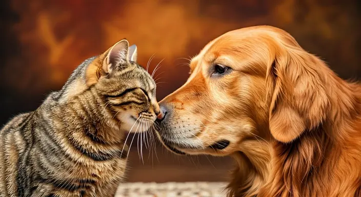 A cat and dog nuzzling each other affectionately.