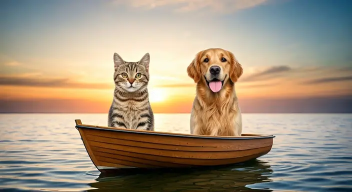 A cat and a dog sitting together in a boat on water at sunset.