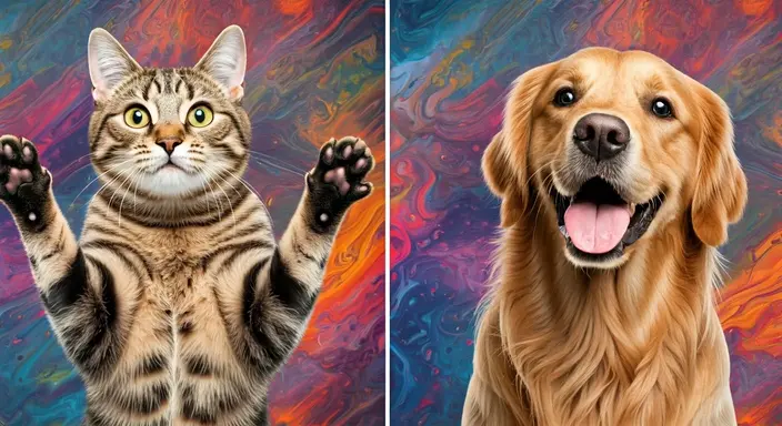 Tabby cat raising paws and smiling golden retriever against a vibrant abstract background.