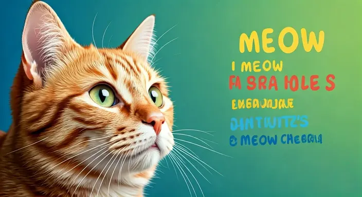 Orange tabby cat looks to side with colorful "MEOW" text 