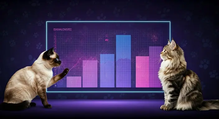 Two cats looking at a digital bar graph display with a purple background.