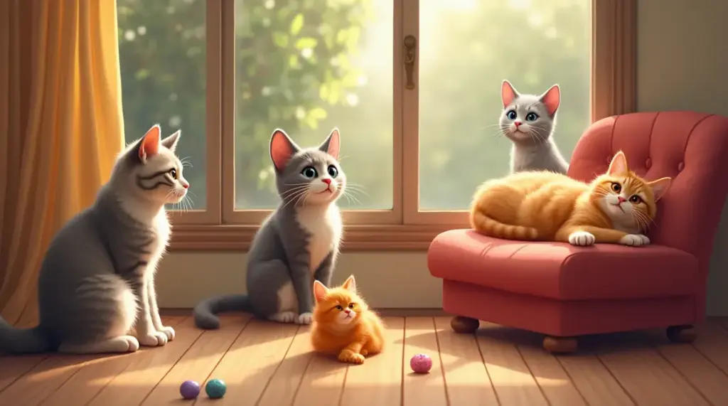 Four cats in a sunny room with toys on the floor.