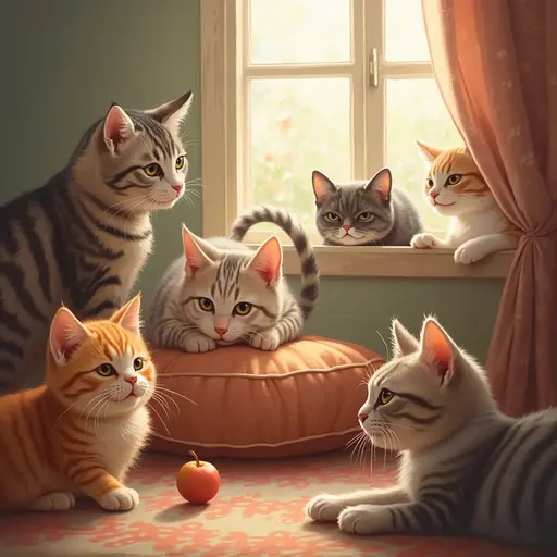 Six cats in a cozy room with a window, cushion, and an apple on the floor.