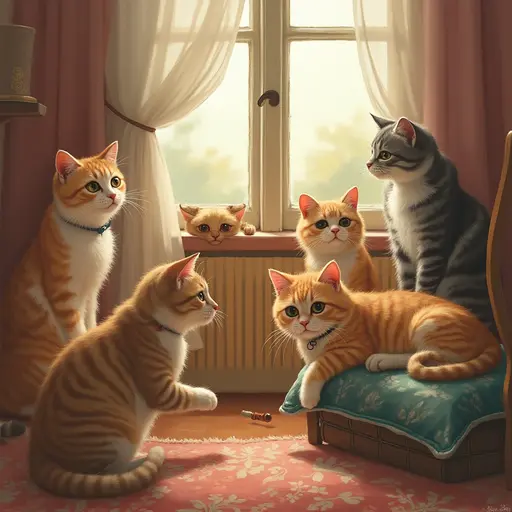 Six cats in a cozy room, by a window with sunlight filtering through curtains.