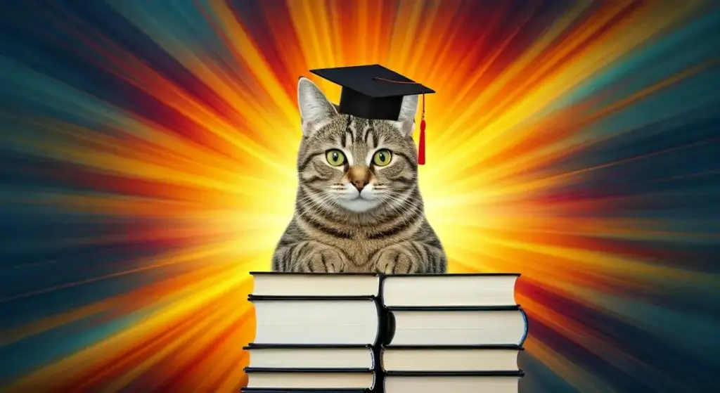 Cat with graduation cap sitting behind a stack of books, with a colorful burst background.