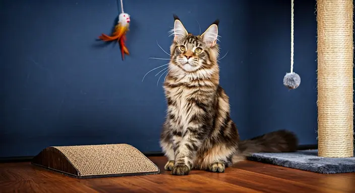 A majestic tabby cat sits by toys, gazing upwards against a blue wall.