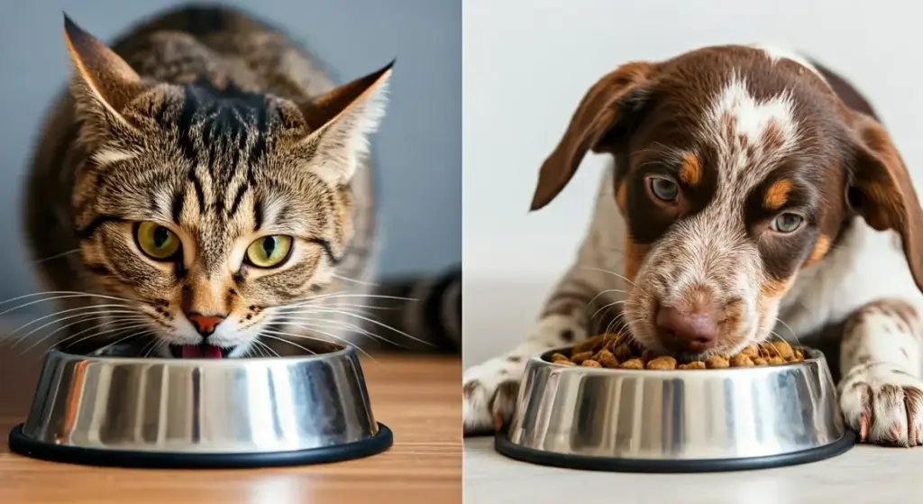 A cat and a dog eating from separate bowls.