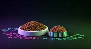 Cat and Dog Food Comparison: A Complete Nutrition Guide 1 Two bowls of pet food with scattered kibble on a dark background.