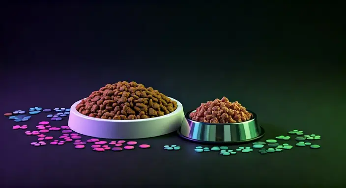 Two bowls of pet food with scattered kibble on a dark background.